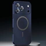 Blue phone case with a circular design on a dark background