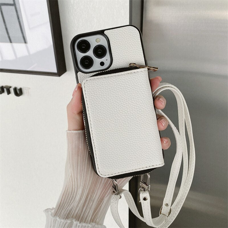 Luxury Crossbody Zipper Wallet iPhone Case - HoHo Cases For iPhone 14 / White / Case & Strap