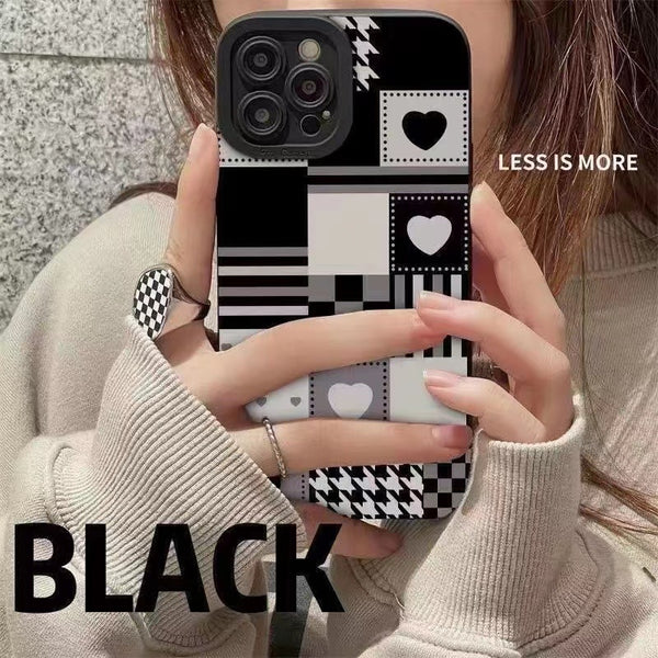 Fashion Square-Grid Heart iPhone Case - HoHo Cases For iPhone 14Pro Max / Black White
