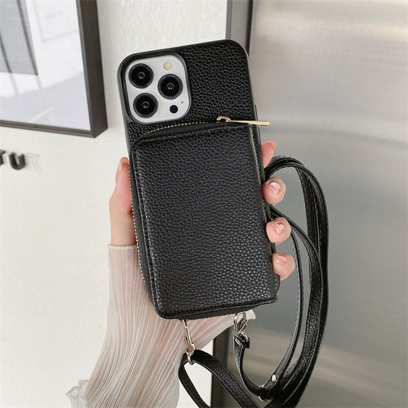 Luxury Crossbody Zipper Wallet iPhone Case - HoHo Cases For iPhone 14 / Black / Case & Strap
