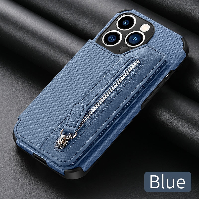 Zipper Wallet Carbon Fiber iPhone Case