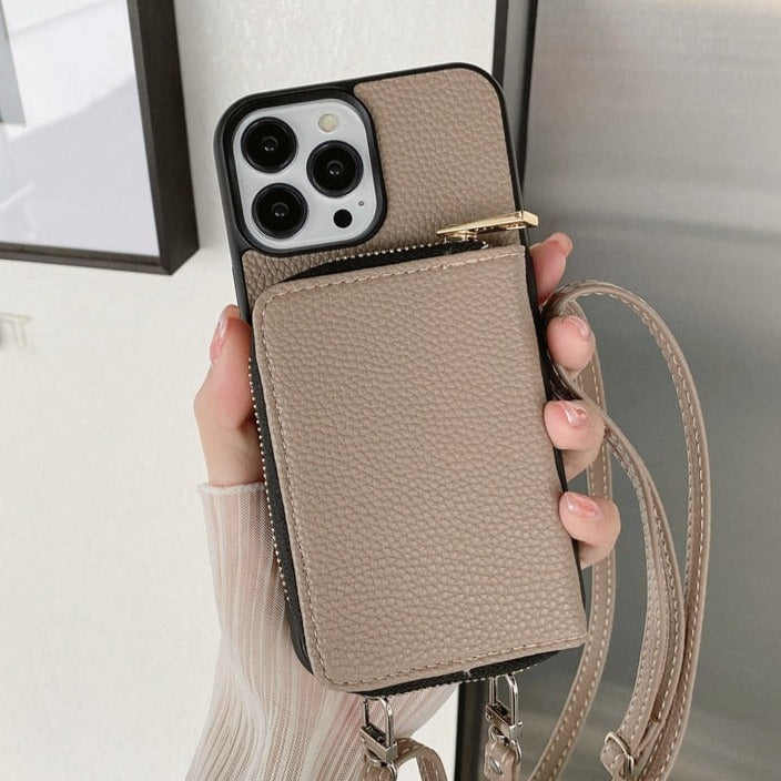 Luxury Crossbody Zipper Wallet iPhone Case - HoHo Cases For iPhone 14 / Khaki / Case & Strap