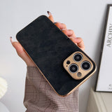 Electroplated Frame Lambskin iPhone Case - HoHo Cases For iPhone 14 / Black