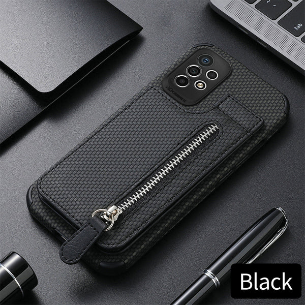 Leather Zipper Carbon Fiber Samsung Galaxy Case - HoHo Cases For Samsung Galaxy S23 Ultra / Black
