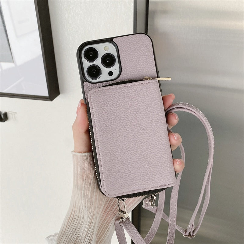 Luxury Crossbody Zipper Wallet iPhone Case - HoHo Cases For iPhone 14 / Lavender / Case & Strap