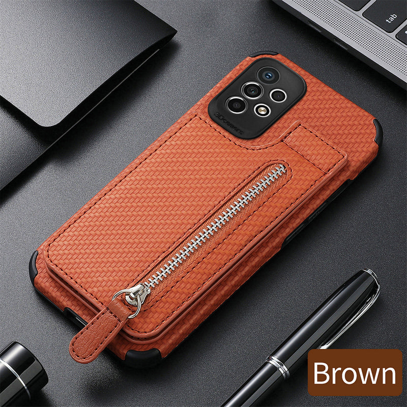 Leather Zipper Carbon Fiber Samsung Galaxy Case - HoHo Cases For Samsung Galaxy S20 / Brown