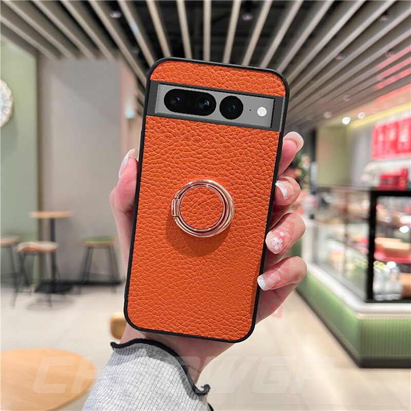 Stylish Leather Google Pixel Case with Magnetic Ring - HoHo Cases For Google Pixel 7 / Orange