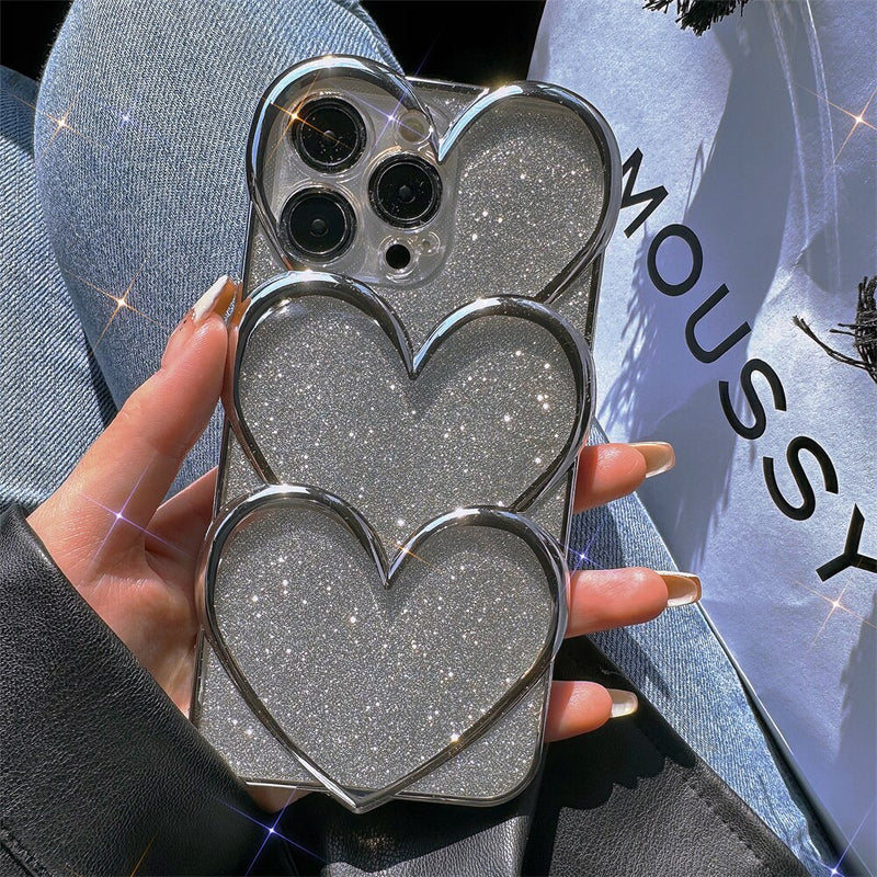 3D Glitter Heart Transparent iPhone Case - HoHo Cases For iPhone 14 / Silver