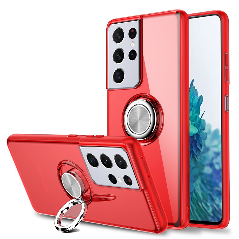 Clear Samsung Galaxy Case with Magnetic Metal Ring - HoHo Cases Samsung Galaxy S23 Ultra / Clear Red
