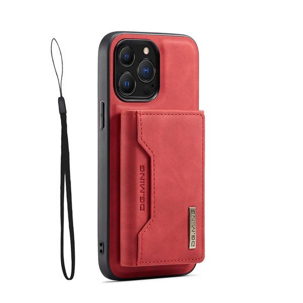 Stylist Leather Magnetic iPhone Case with Wallet Holder - HoHo Cases For iPhone 13 Pro Max / Red / Case & Strap