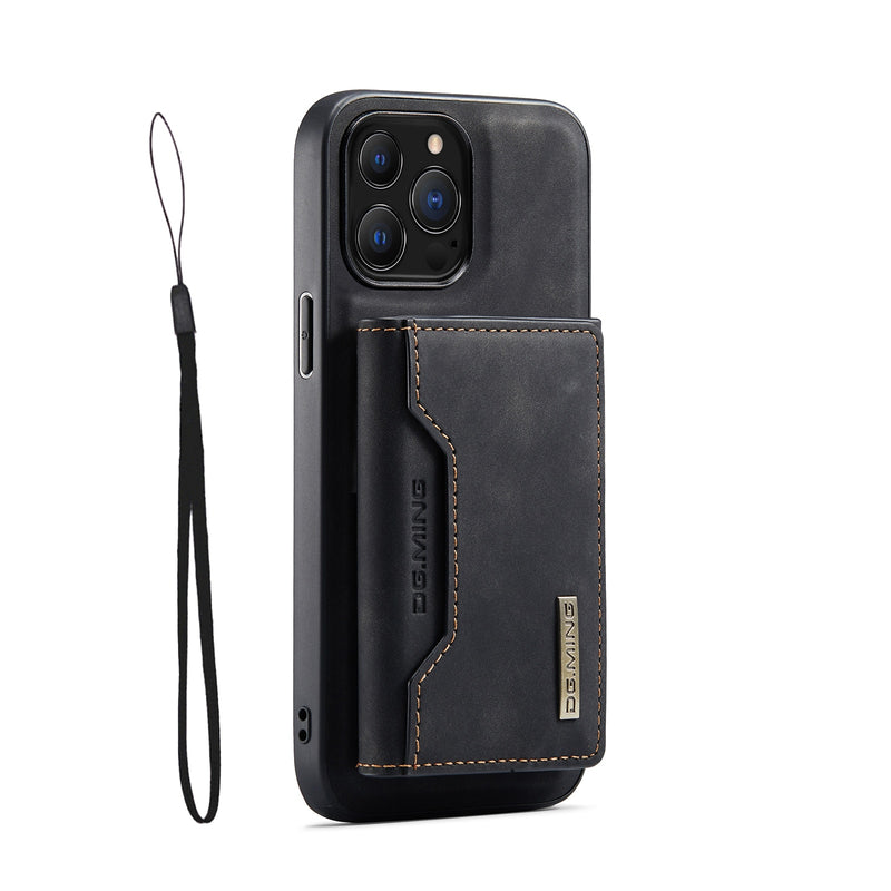 Stylist Leather Magnetic iPhone Case with Wallet Holder - HoHo Cases For iPhone 13 Pro Max / Black / Case & Strap