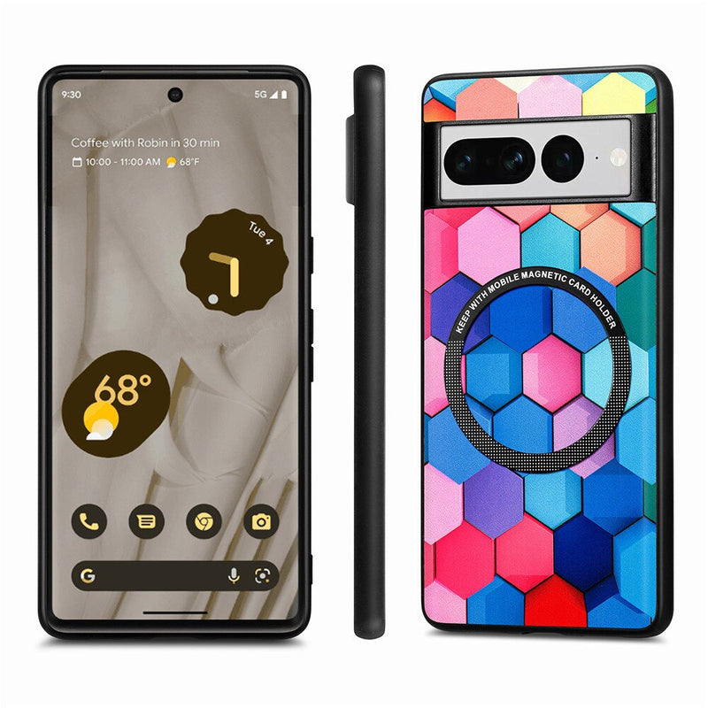Colorful Leather Google Pixel Case with Magnetic Holder - HoHo Cases For Google Pixel 7 Pro / Rainbow Squares